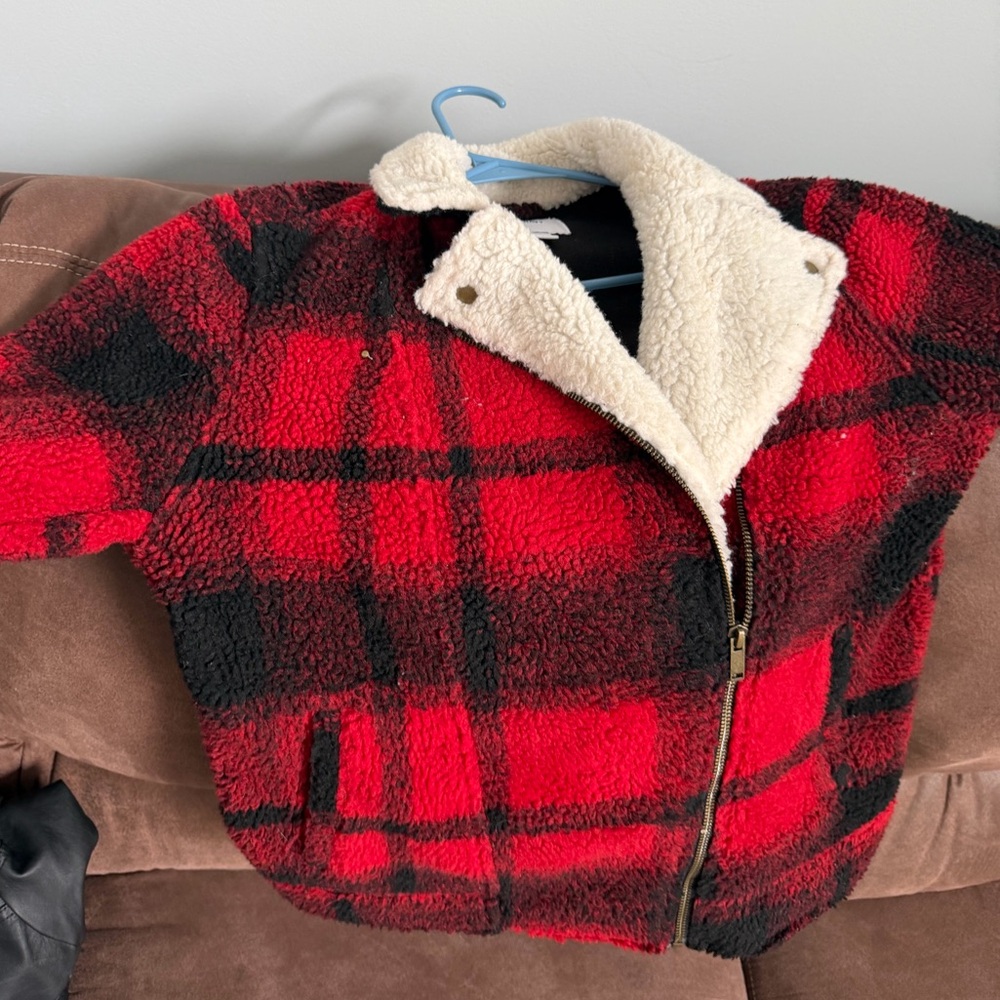 Womens Red and Black Plaid Sherpa Moto Jacket